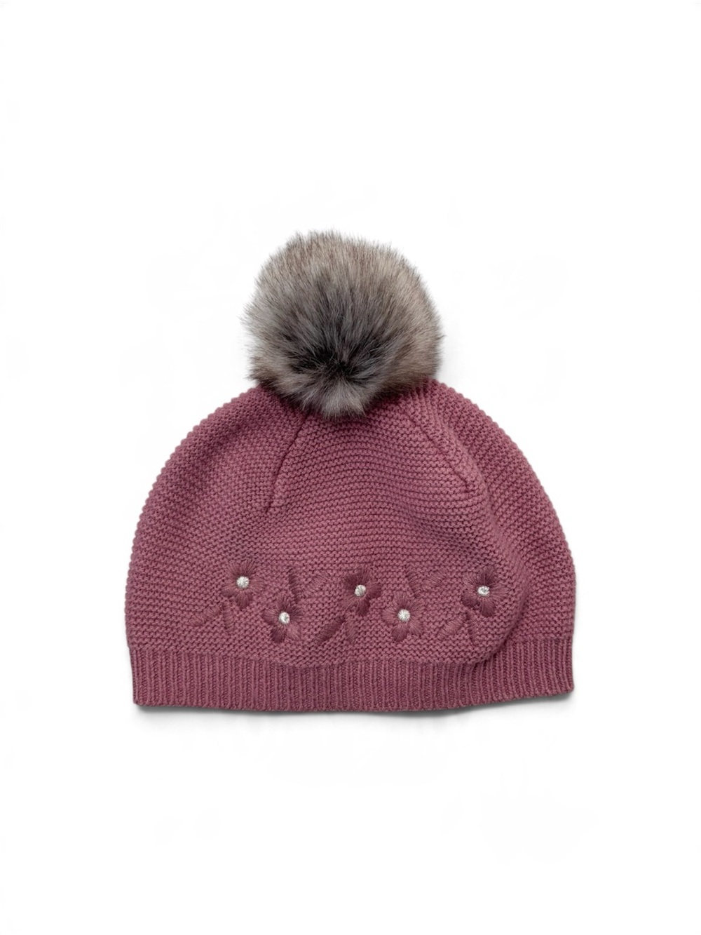 Marshalls Dusty Rose Knit Faux Fur Pom Pearl Flower Beanie Hat S (5/6) CA 4-6Y